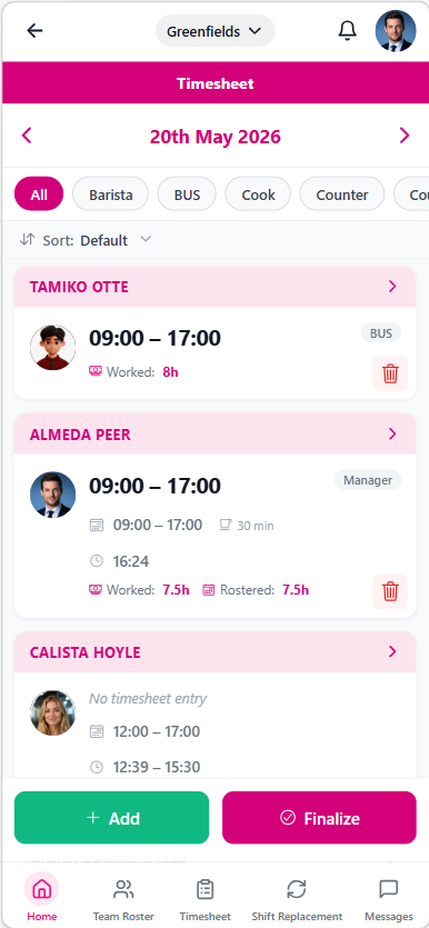Timesheet day employee list