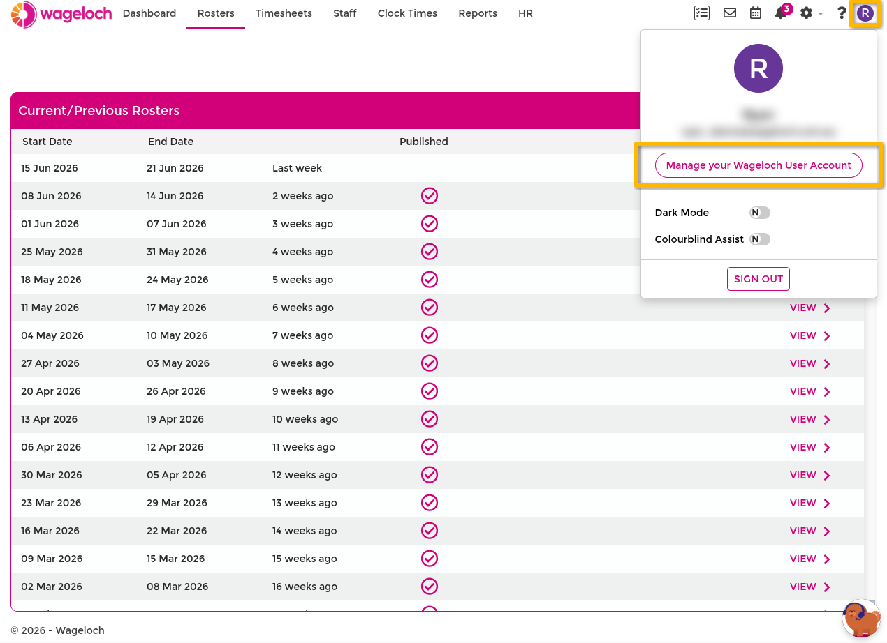Open Wageloch user account security settings