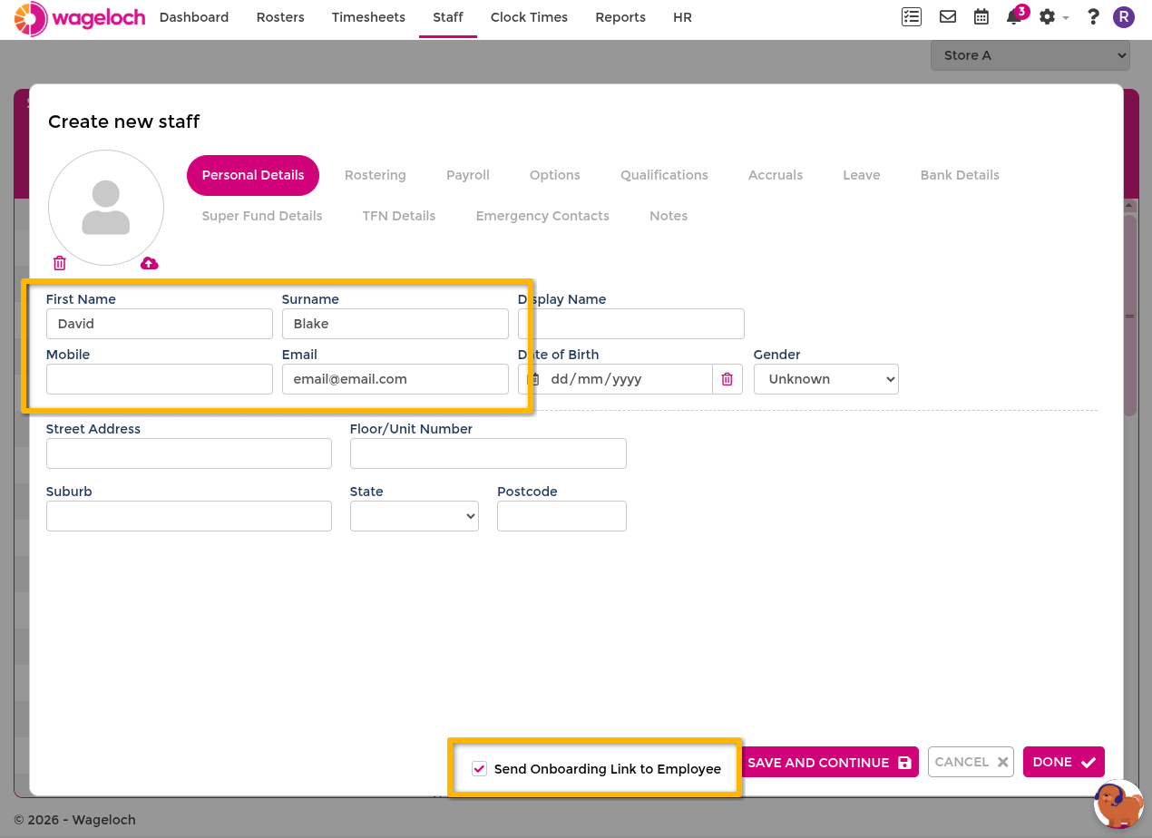 Send onboarding link from staff card
