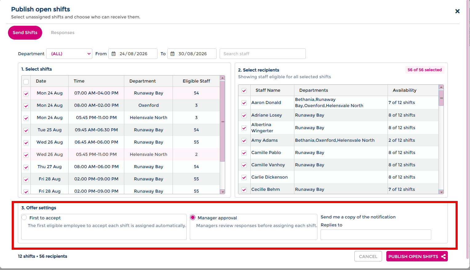 Offer settings showing allocation method options and email notification field