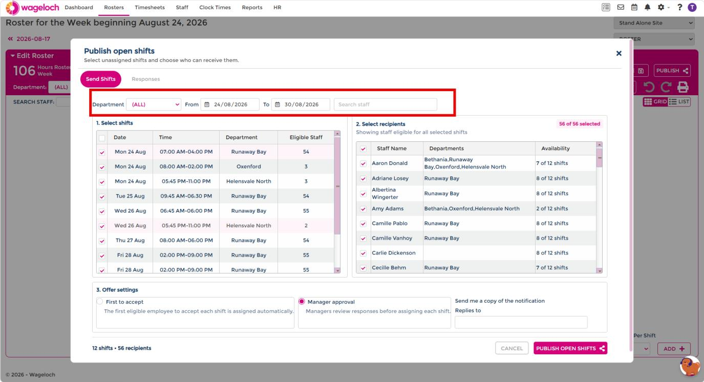 Department and date filters in the Send Shifts tab