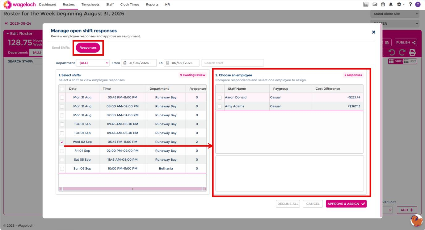 Manage open shift responses dialog, Responses tab showing select shifts and choose employee sections