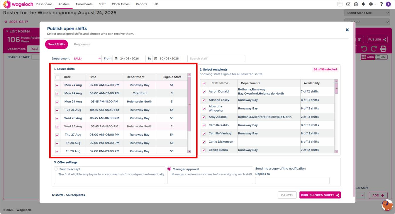 Select shifts and choose recipients, with cost difference visible