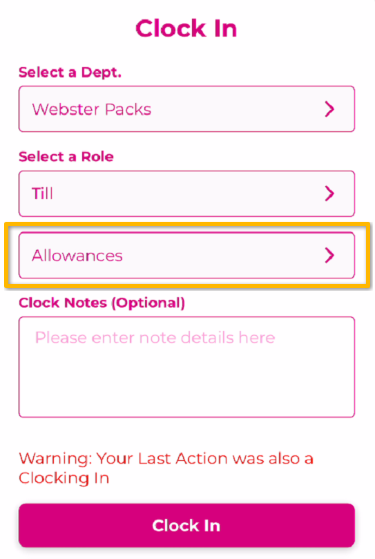 Optional allowance selection in mobile clocking