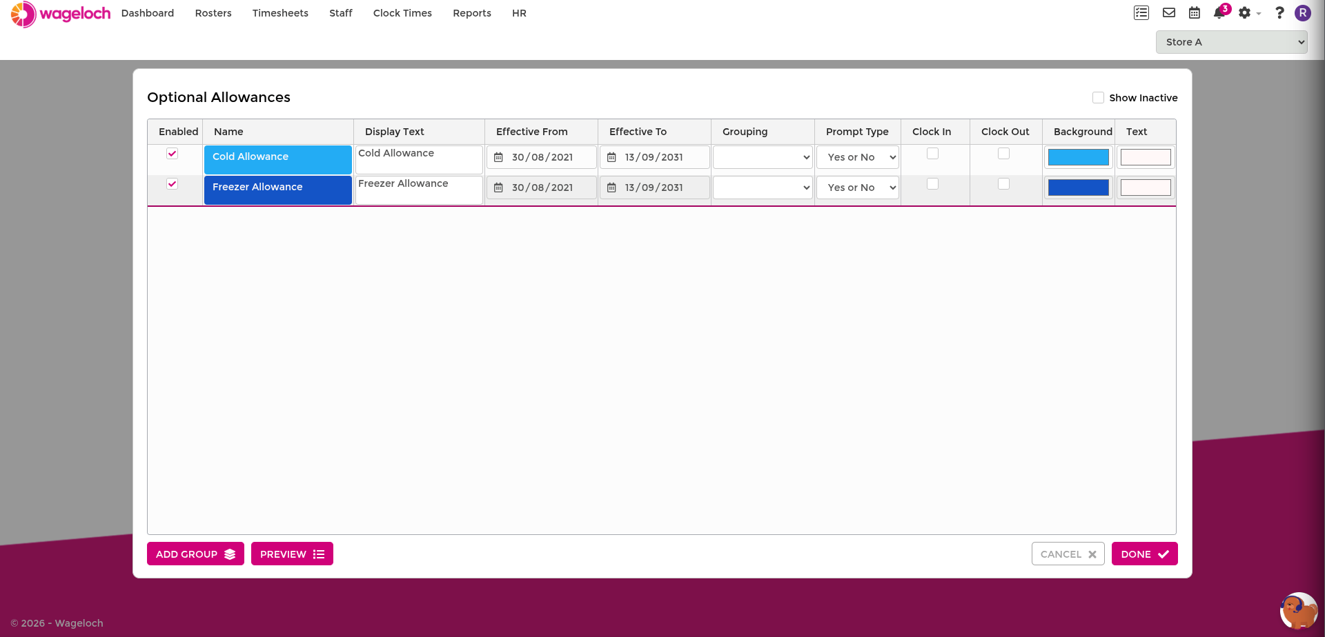 Optional Allowances settings grid