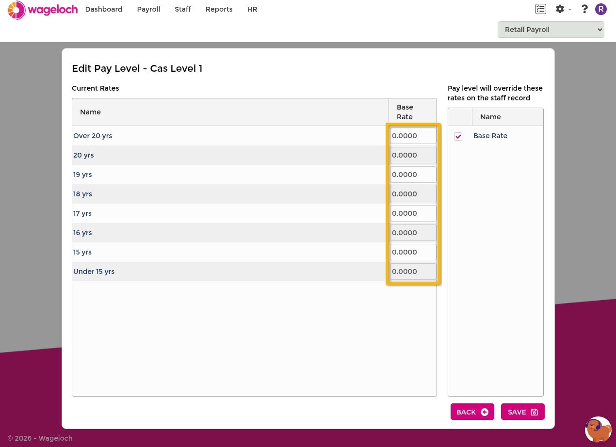 Age-based pay level setup