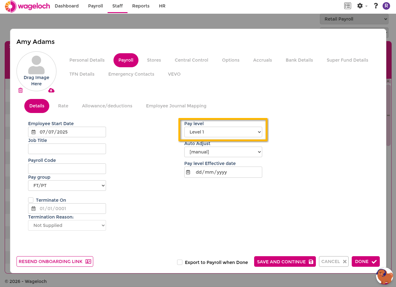Assign pay level on staff card