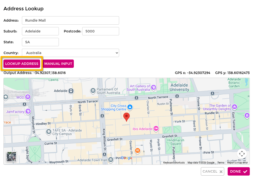 Configure location using address lookup