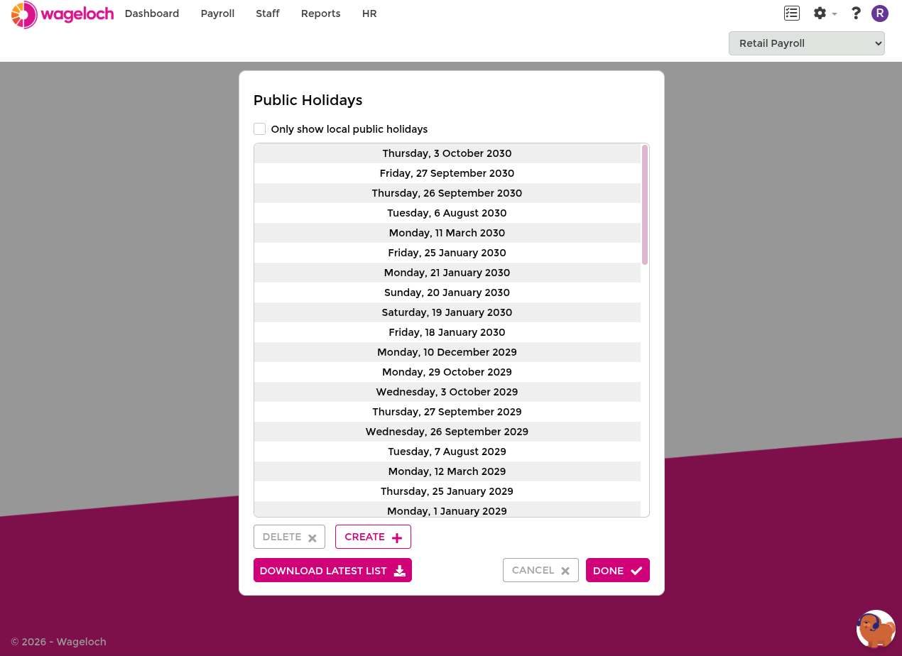 Public holidays settings overview