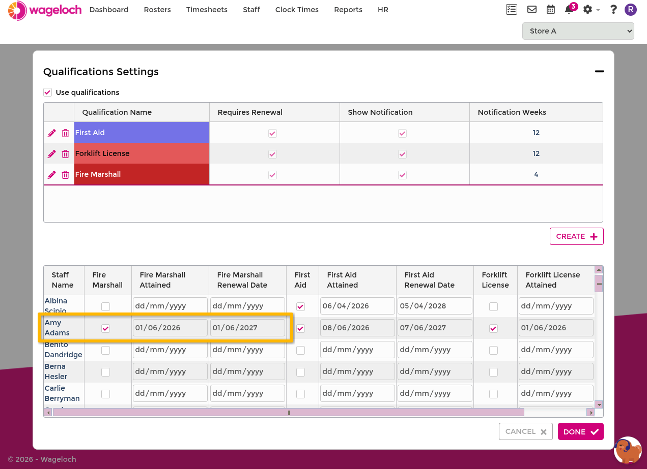 Assign or update qualification in staff list