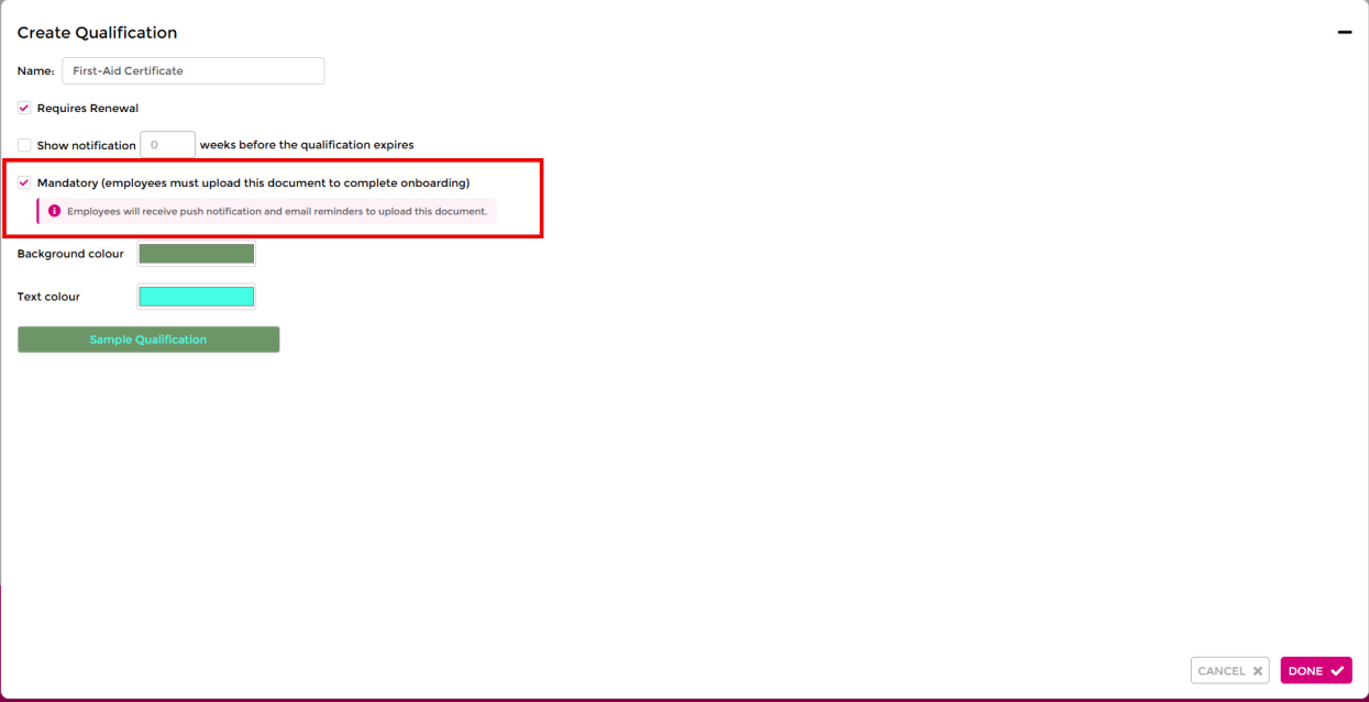 Mandatory checkbox in qualification setup