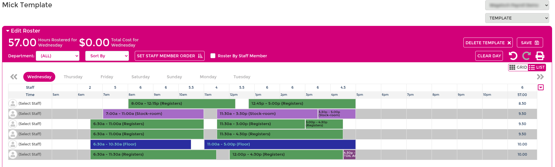 Template with unassigned shift rows
