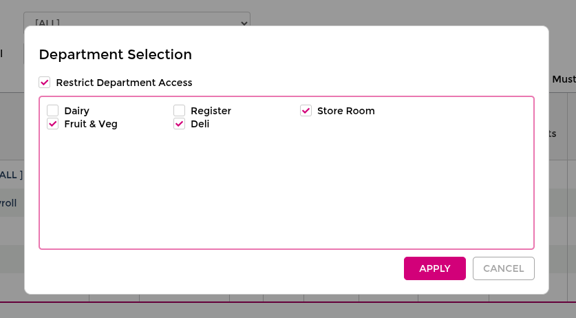 Department restriction setup