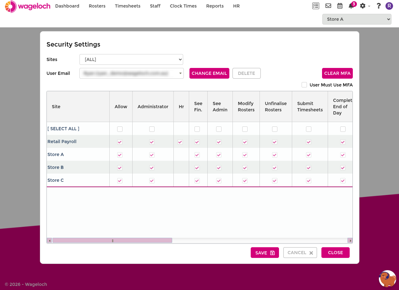 Security settings user management screen