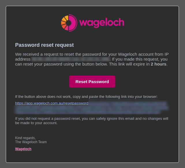 Password reset email and reset link