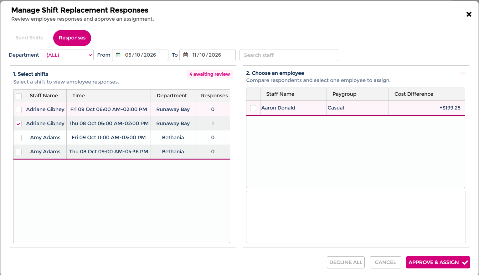Manage Shift Replacement Responses window with one shift selected, the responses list, and the DECLINE ALL, CANCEL, and APPROVE & ASSIGN buttons
