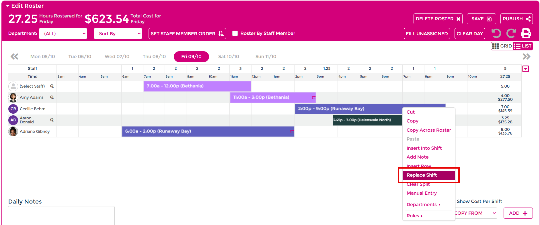 Roster List view with the right-click menu open on an employee's shift, showing the Replace Shift option