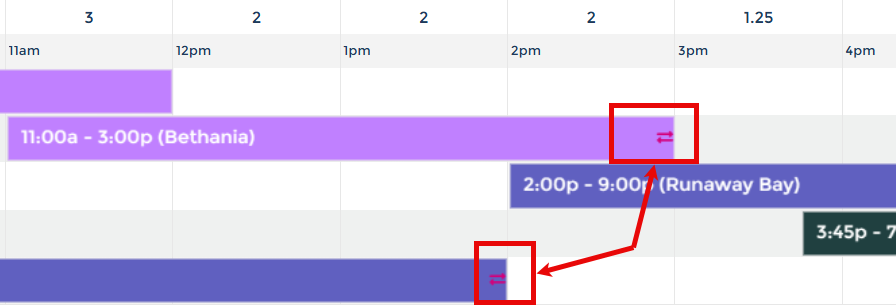 Roster List view with two shifts showing the two-arrow Shift Replacement icon at the end of each shift