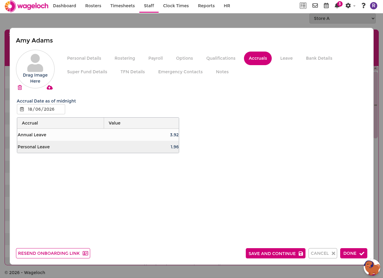 Staff card accruals tab