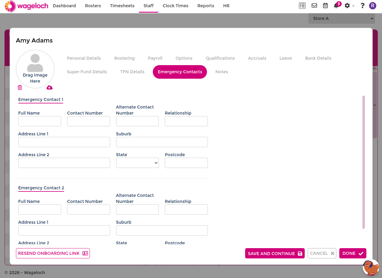 Staff card emergency contacts tab