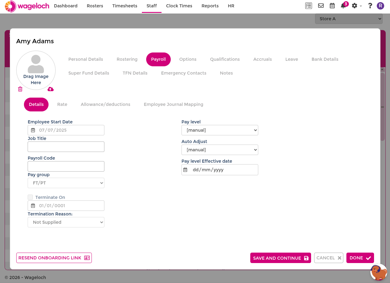 Staff card payroll details sub-tab