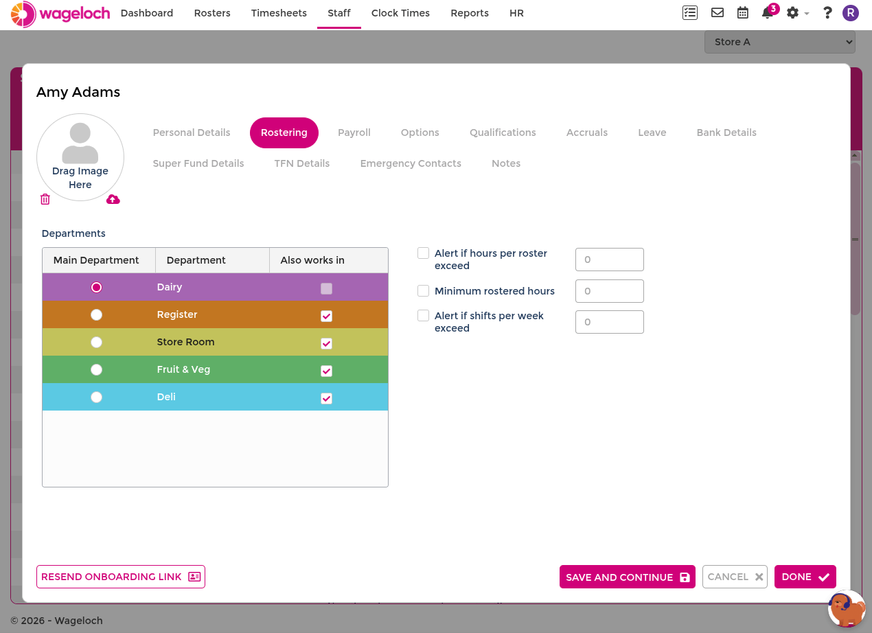 Staff card rostering tab