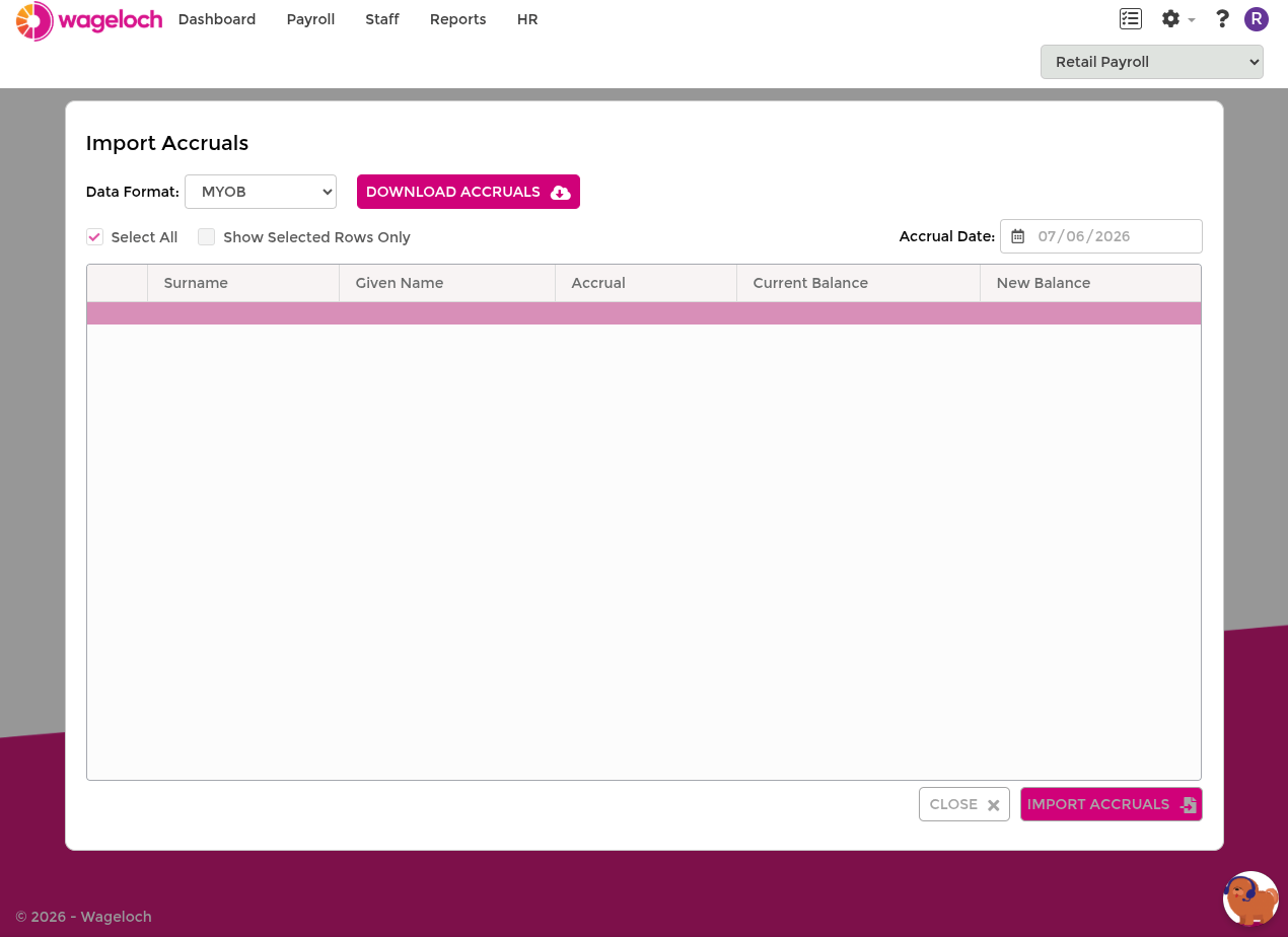 Import accrual balances screen