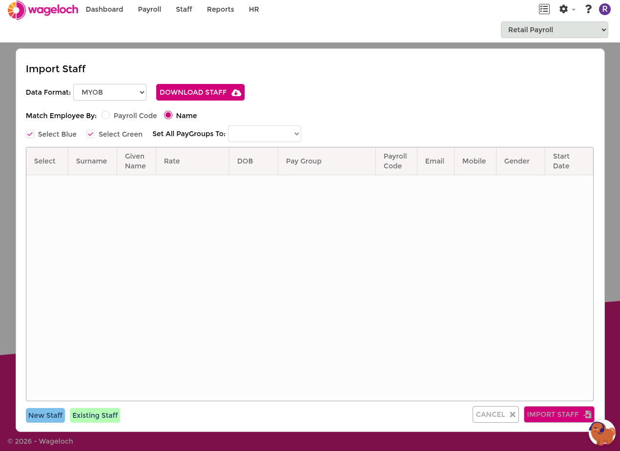 Import staff screen