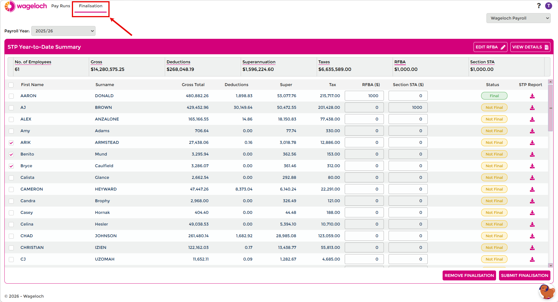 Finalisation tab with yearly employee totals