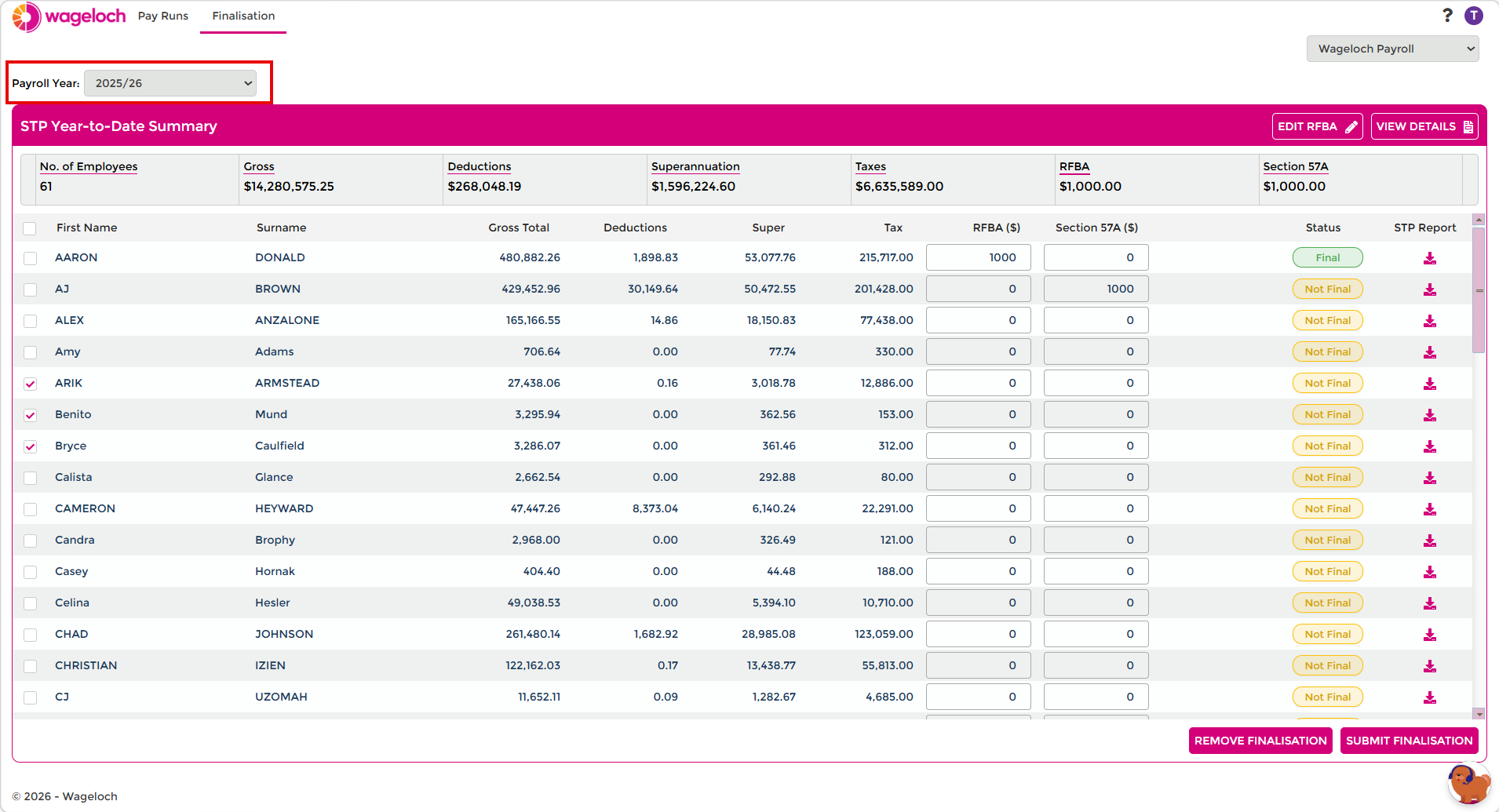 Payroll year selection and grand totals
