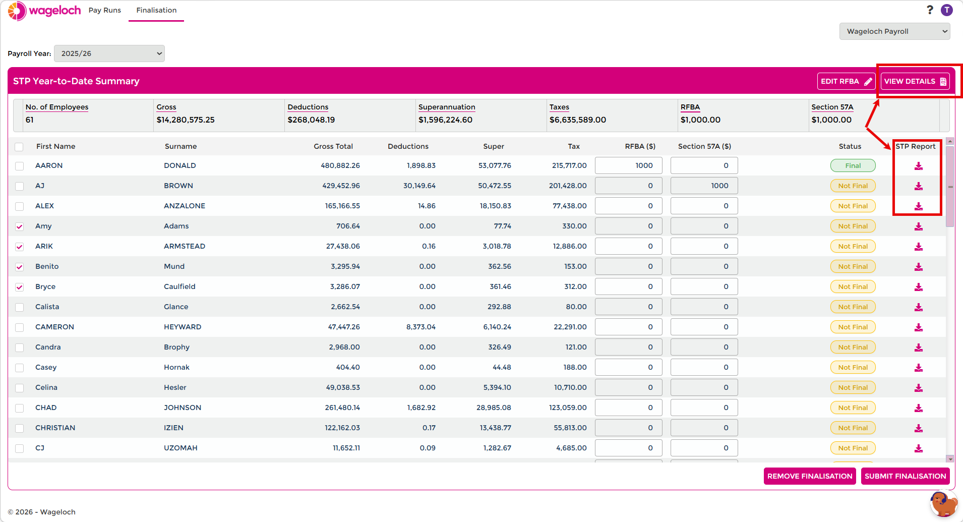 View Details and STP Report controls