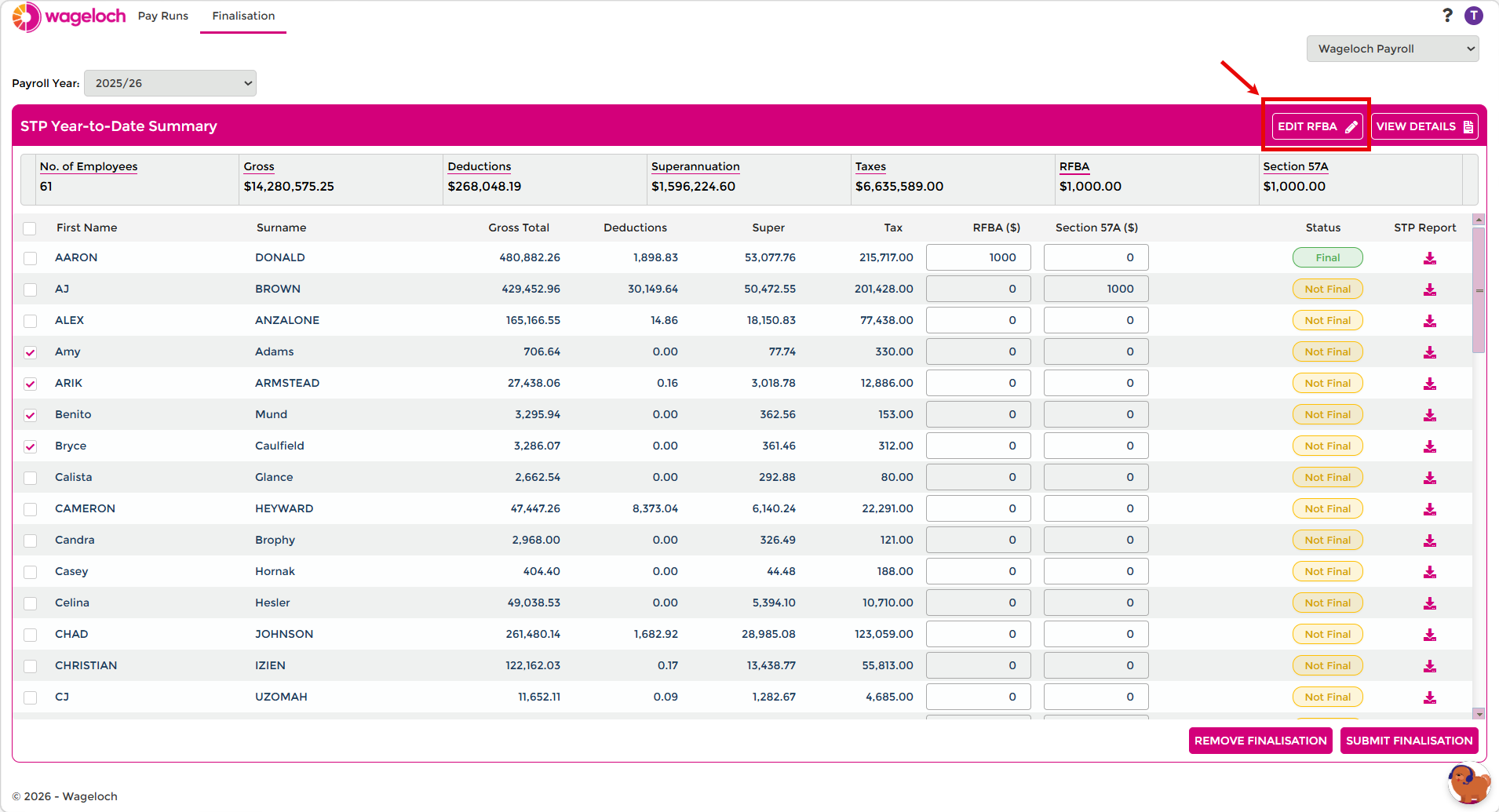Editing RFBA values in finalisation list