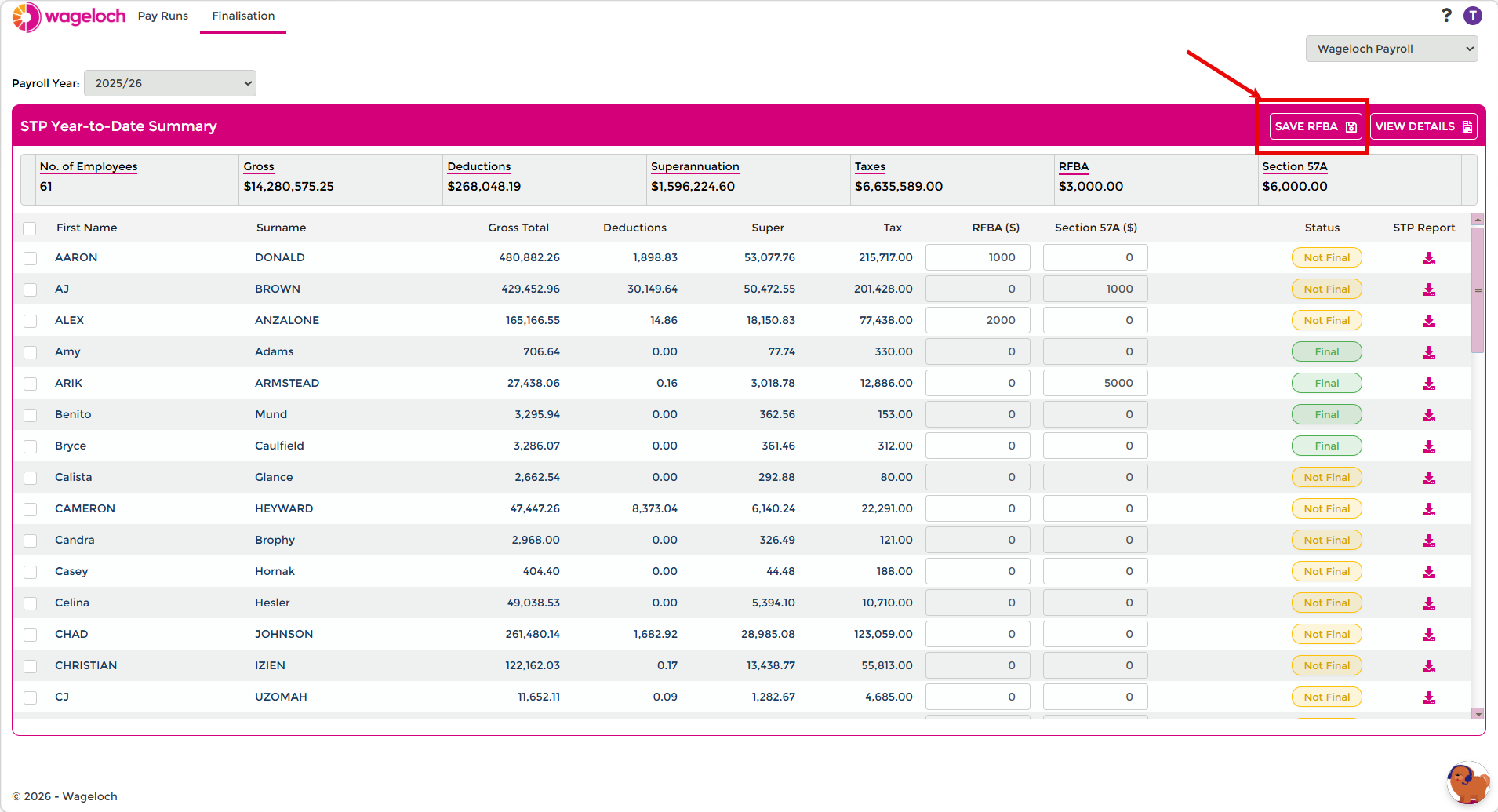 Saving updated RFBA values