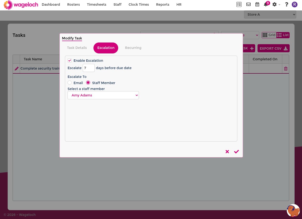 Escalation and recurring settings