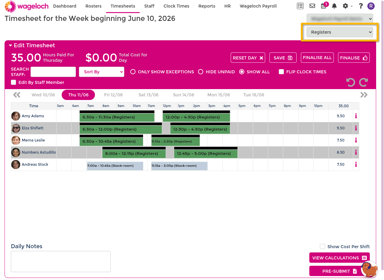 Finalise timesheets using department filter