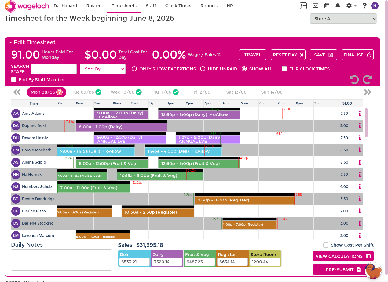 Roster-based timesheet comparison states