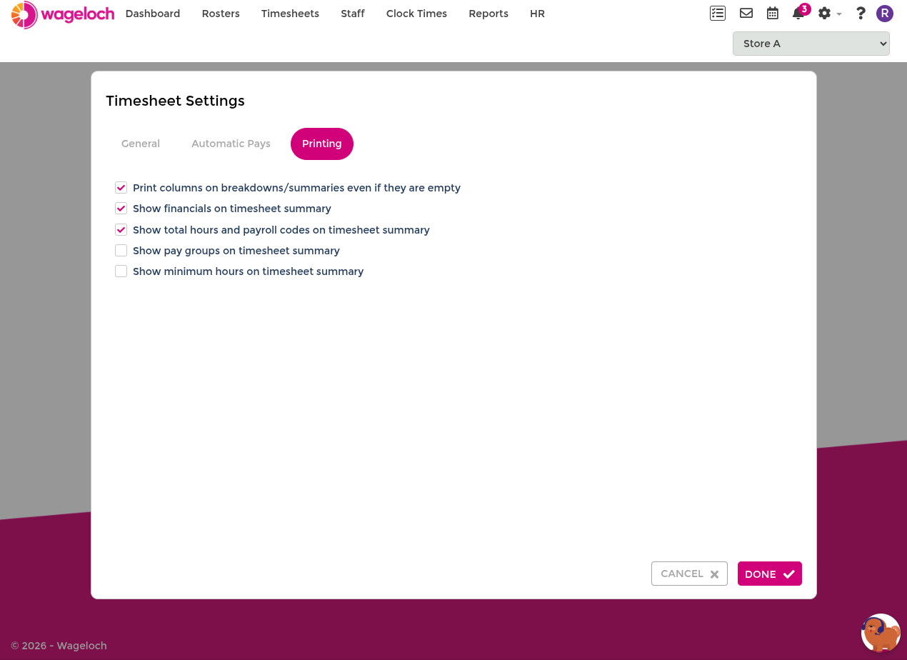 Timesheet printing settings