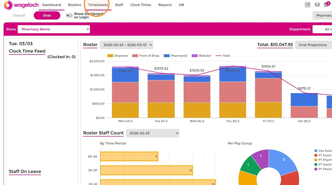 Open Timesheets and select site