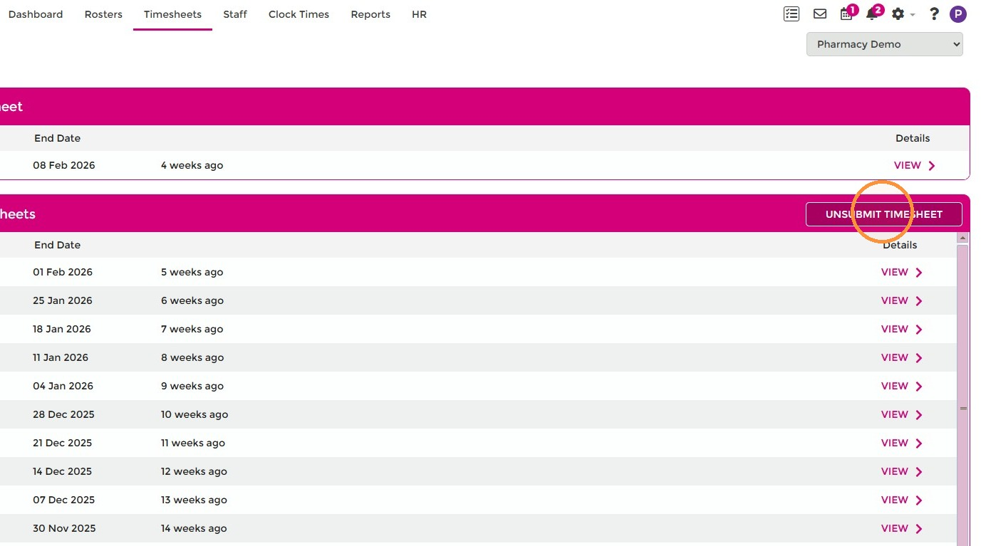 Unsubmit Timesheet button