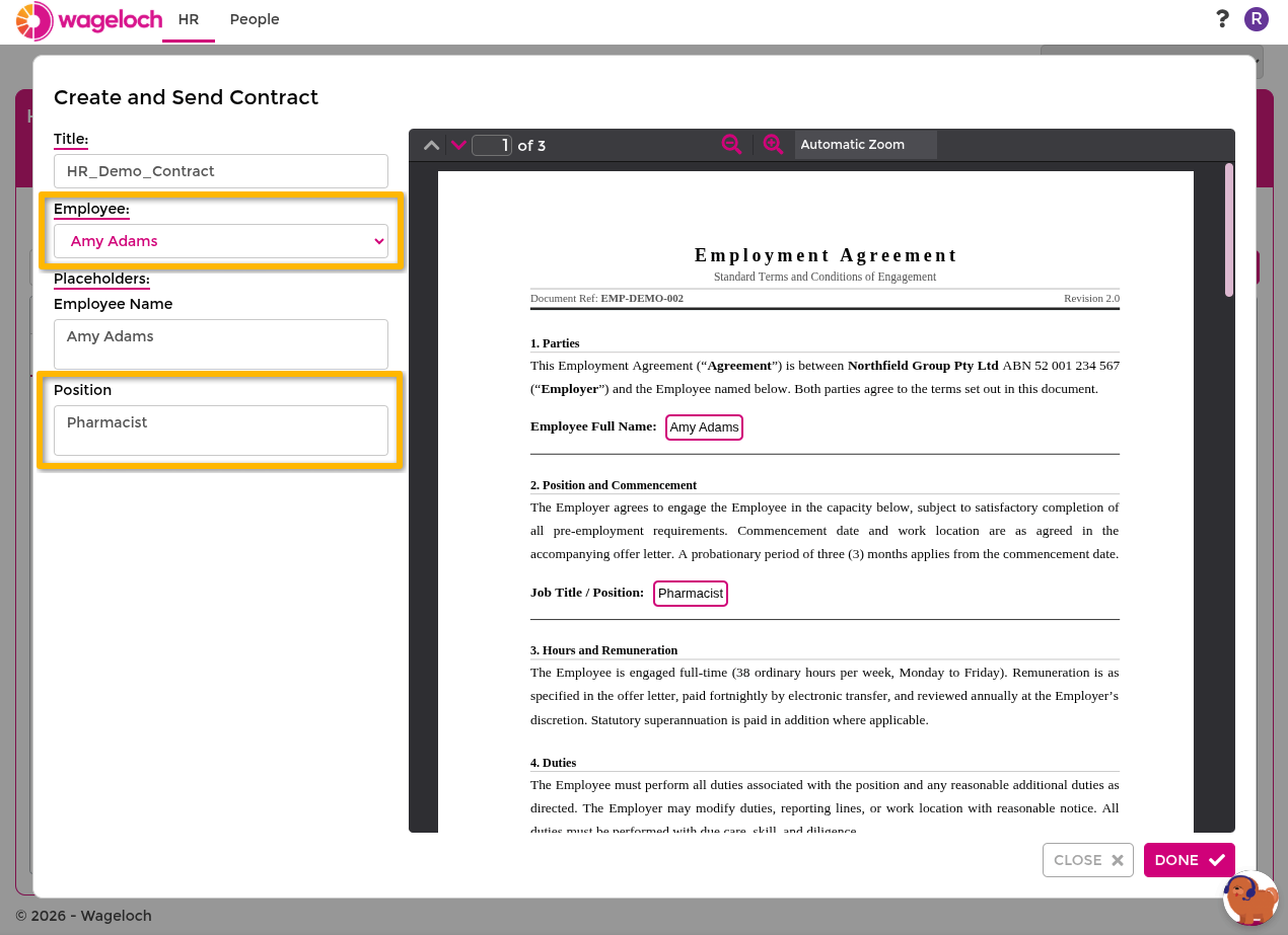 Issue contract to employee