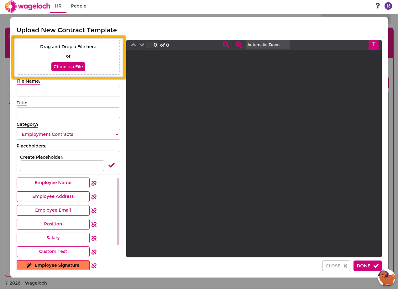 Upload contract template and place placeholders