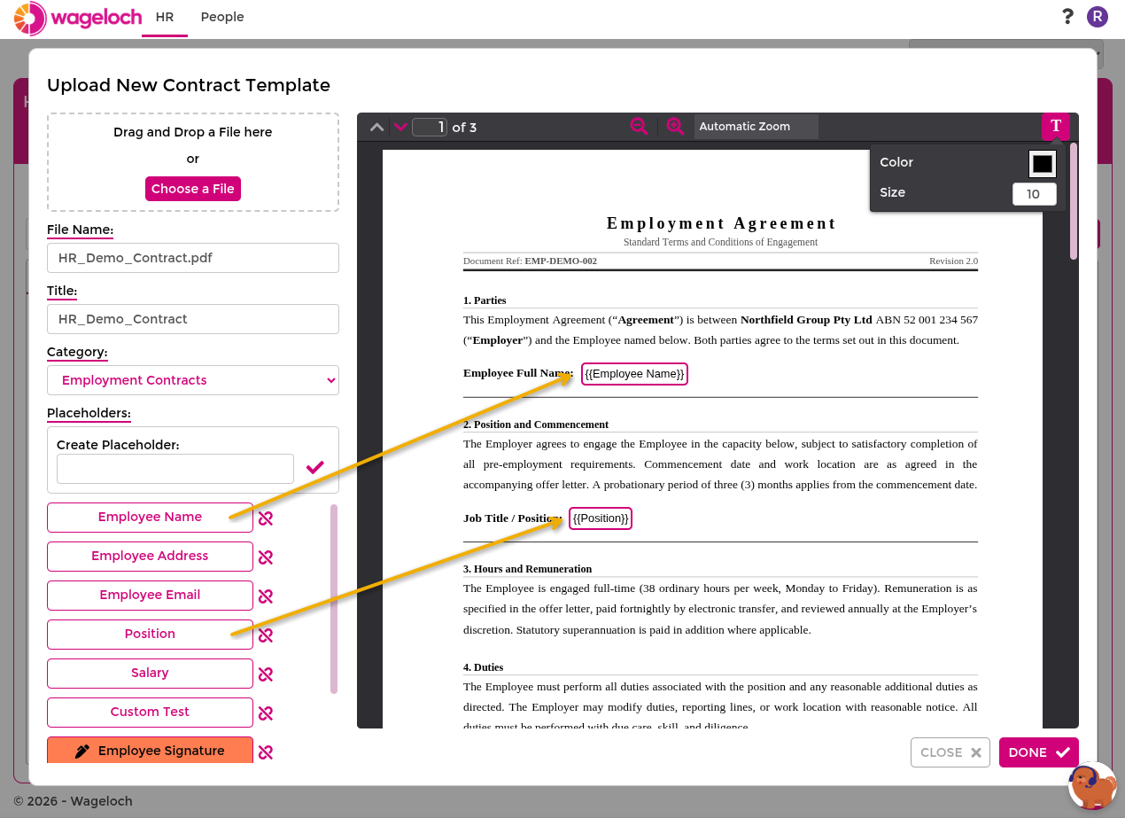 Upload contract template and place placeholders