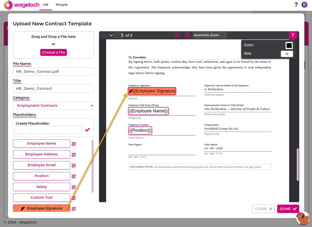 Upload contract template and place placeholders