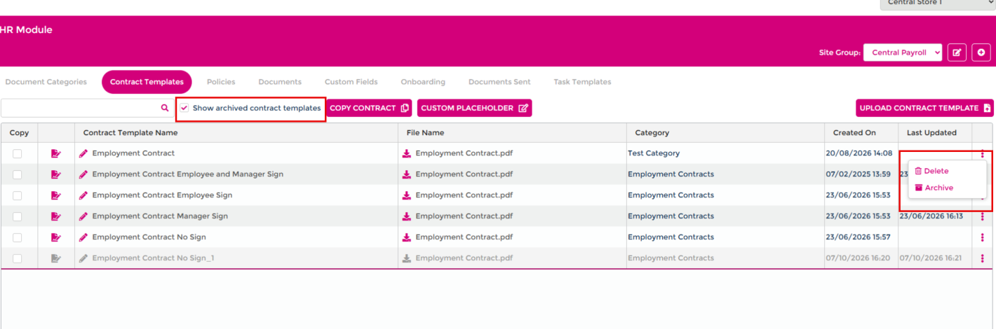 Contract Templates list with Show archived contract templates ticked and the three-dot menu open, showing Delete and Archive