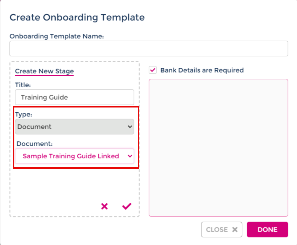 Create Onboarding Template window with Document selected in the Type dropdown and a sample document selected