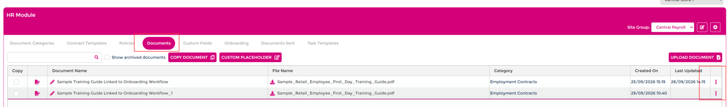 Documents tab in the HR module showing the Upload Document, Copy Document, and Custom Placeholder buttons above a list of documents