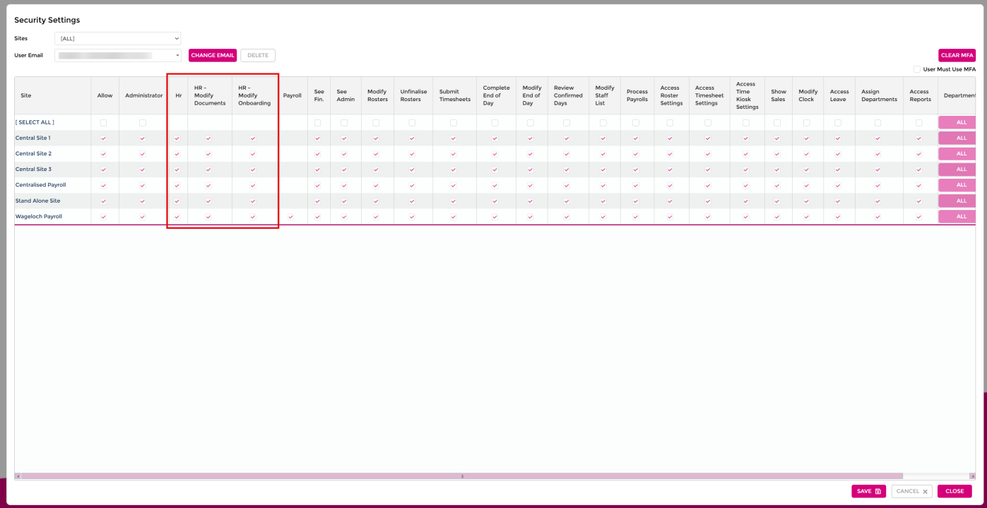 HR permission checkboxes in Security settings