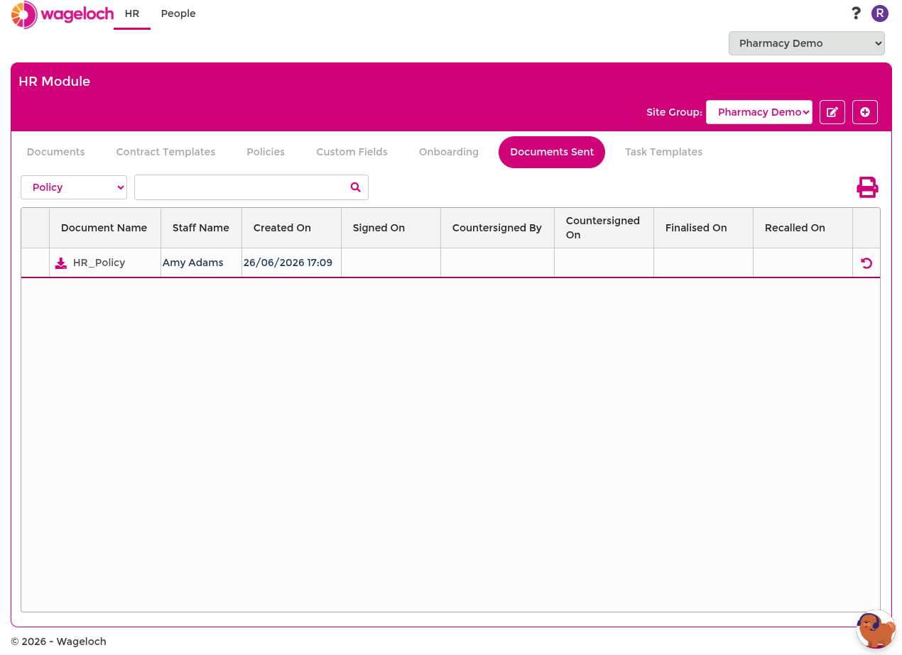 Documents Sent list and actions