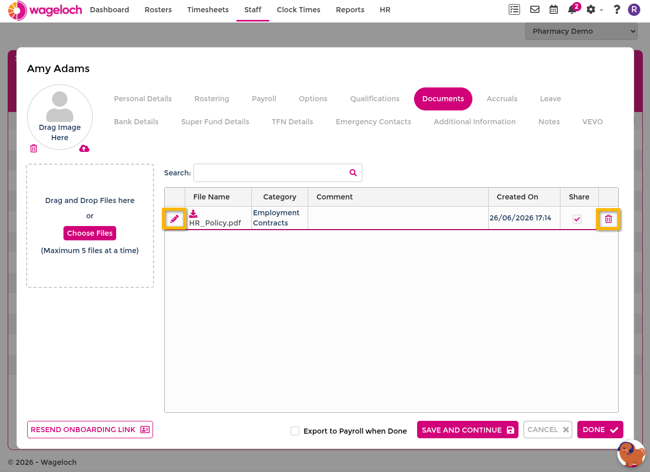 Edit and delete actions in staff card documents