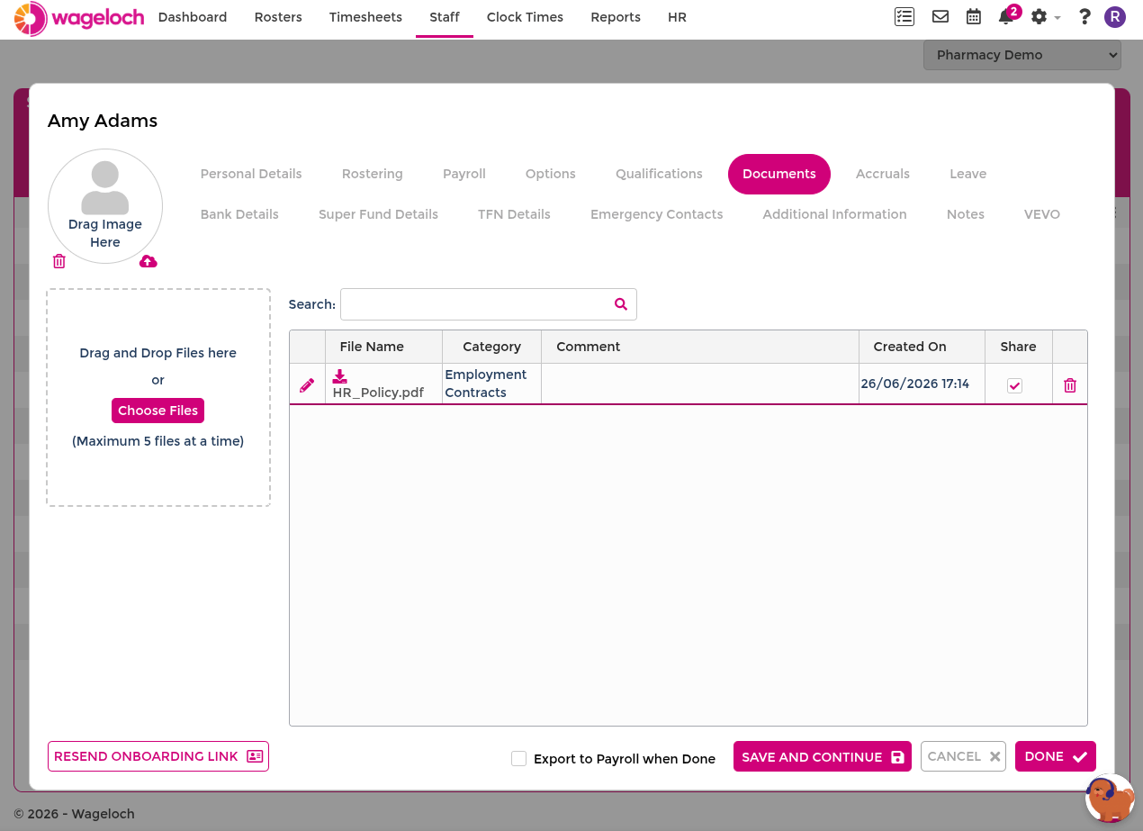 Staff card documents tab